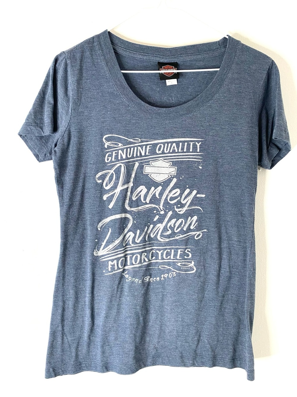 Harley-Davidson Blue Heathered Glitter Logo Tee Wisconsin Back Graphic Crew Neck